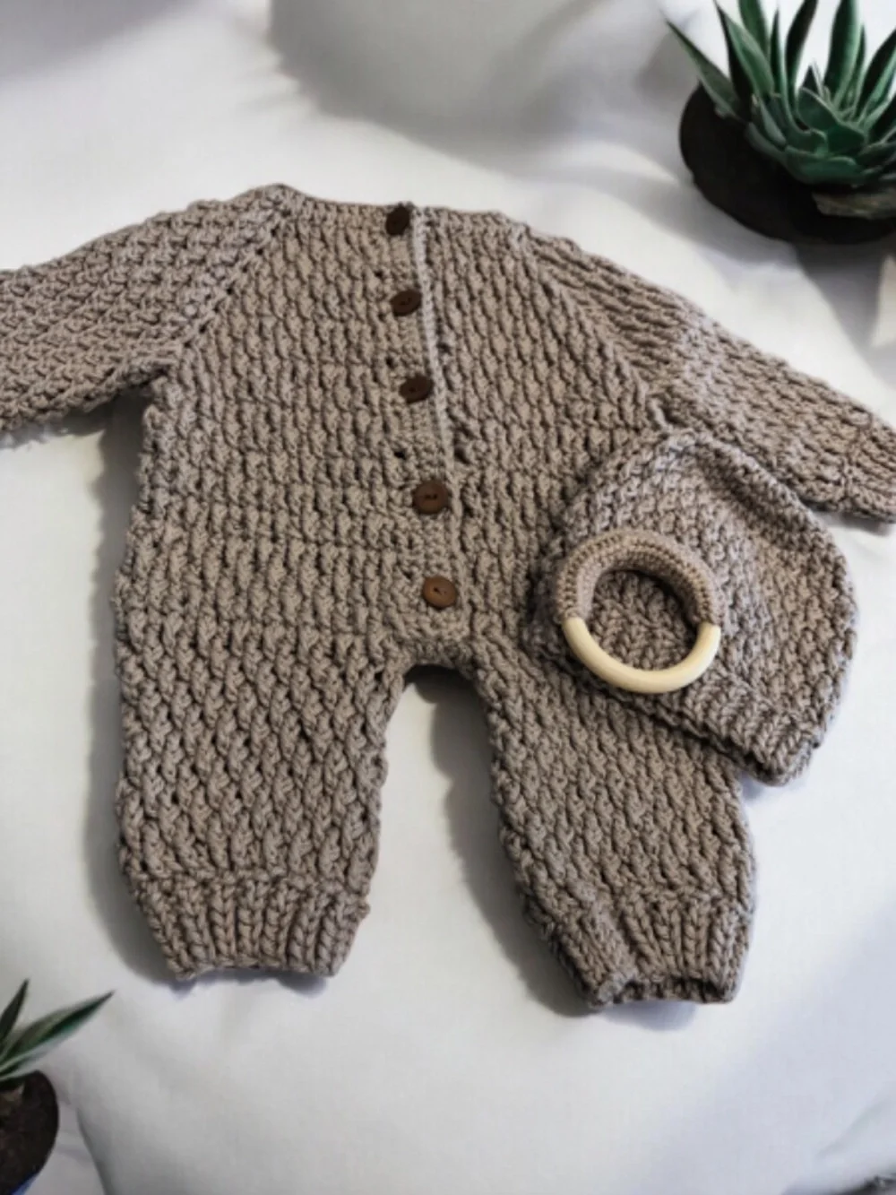 Handmade Baby Crochet Romper Gift Set with Beanie & Crochet Wooden Ring 6-9 Mos.